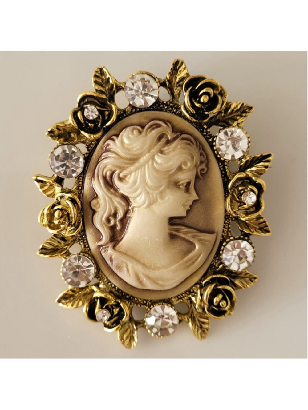 Vintage Inspired Cameo Brooch with Floral Rhinestone Frame